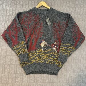 Vtg 90s Pagliano Sweater Men Large Gray Hunting Embroidered Abstract Grandpa NWT